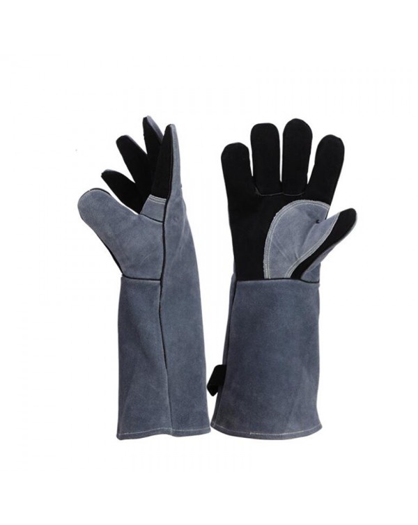 40cm Heat/Fire Resistant Gloves Leather Animal Handling Gloves, Garden Work Golves for Welding/Oven/Grill/BBQ, Black Gray