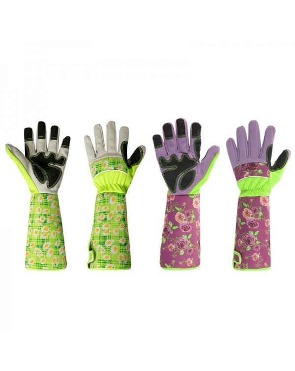 A Pair Floral Print Puncture Resistant Long Sleeve Leather Gardening Gloves Padded Palm Reinforced Fingertips Pruning Floral Gau