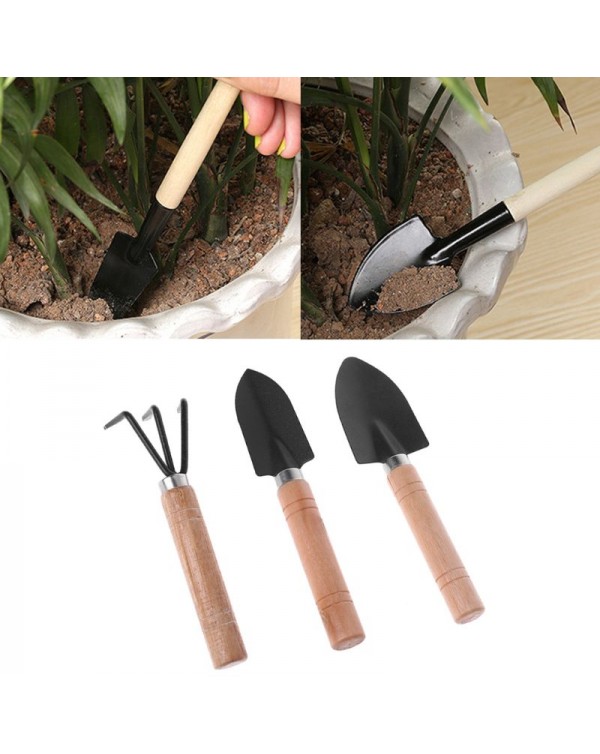 3pcs Mini Garden Shovel Rake Spade Erramientas Bonsai Tools Set Wooden Handle For Flowers Potted Plant
