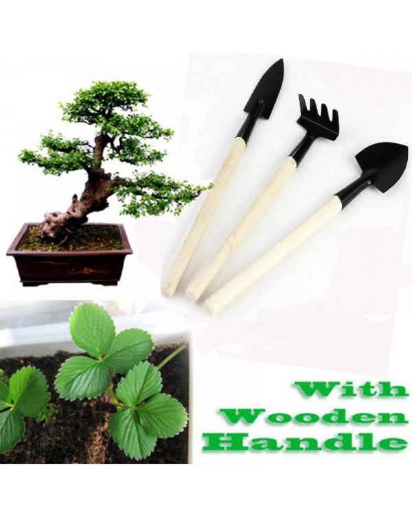 3pcs Mini Plant Garden Gardening Tools Set With Wooden Handle Rake Shovel Spade