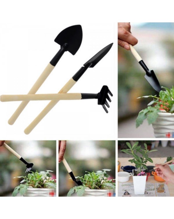 3pcs Mini Plant Garden Gardening Tools Set With Wooden Handle Rake Shovel Spade