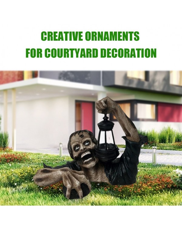 Zombie Crawling out of Grave with LED Lantern Garden Decor Zombie Statues Horror Movie Sculpture Walking Dead Zombie Statue