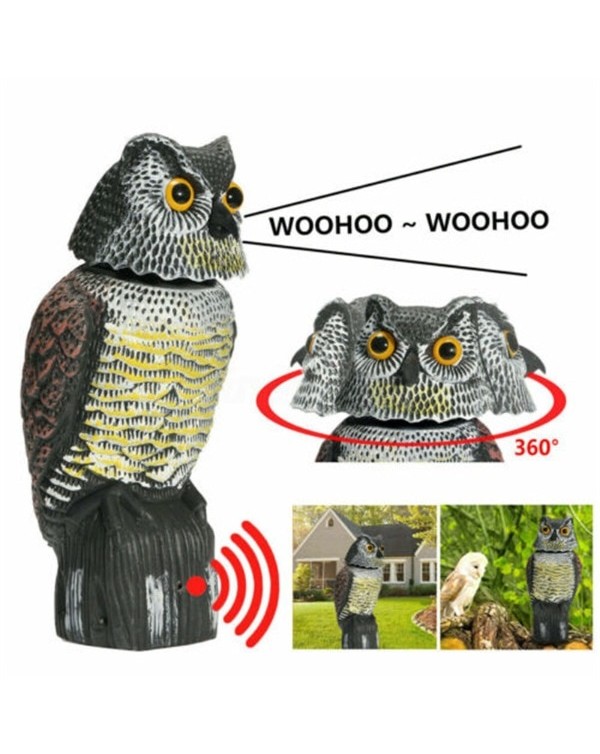 Realistic Bird Scarer Rotating Head Sound Owl Prowler Decoy Protection Repellent Pest Control Scarecrow Garden Yard Rotating Mov