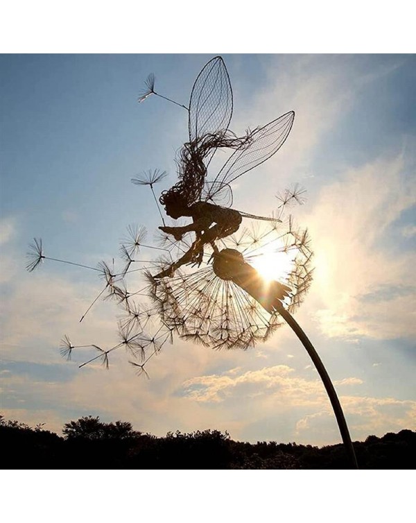 Pixies Fairy Garden Sculptures Stake Fairies and Dandelions Dance Together Landscape Metal Miniature Figurine Lawn Decorative