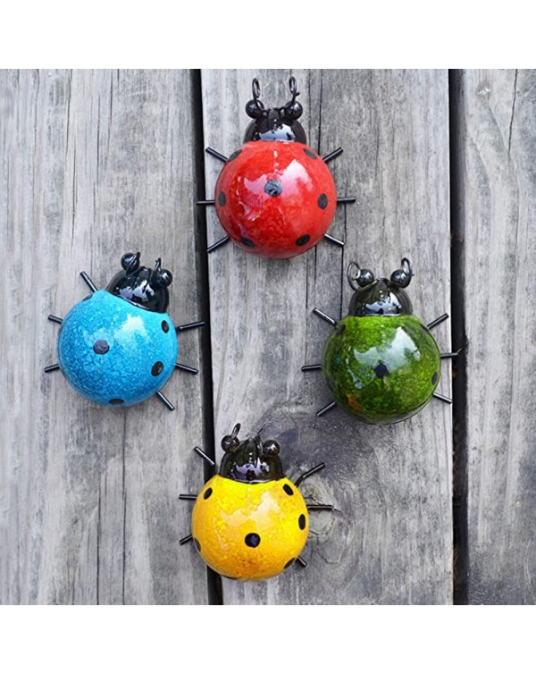 4PCS/Set Metal Cute Ladybugs Beautifully Bling Color Garden Fence Wall Art Decoration Outdoor Wall Sculptures #W0