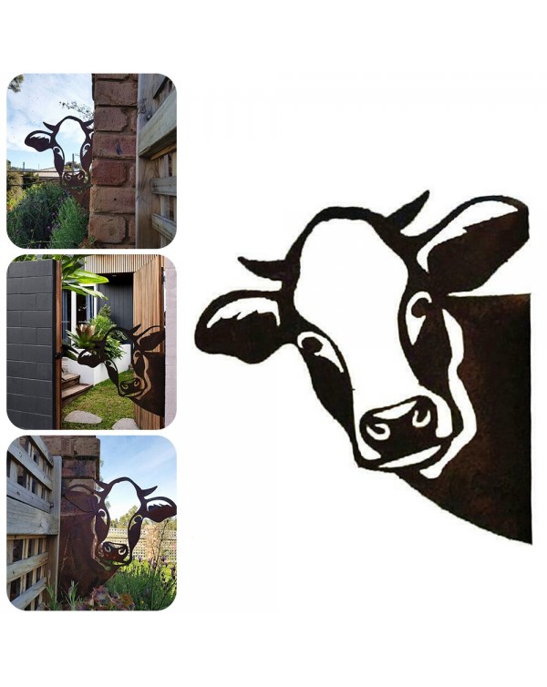 Farm Peeping Cow Balcony Yard Decorative Metal Garden Art Protector Hanging Ornaments Cartoon Outdoor Statues Home Art Ornaments