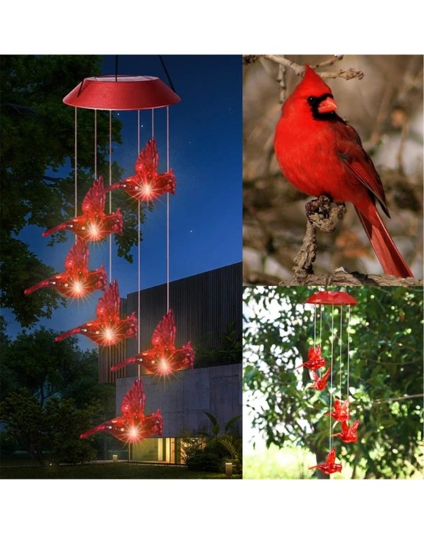 Solar Powered Cardinal Red Bird Wind Chime Led Red Bird Wind Chime Color-changing Light Garden Home Wall Decoration #4