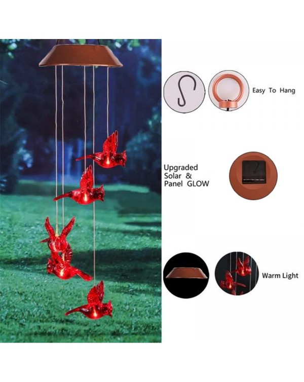 Solar Powered Cardinal Red Bird Wind Chime Led Red Bird Wind Chime Color-changing Light Garden Home Wall Decoration #4