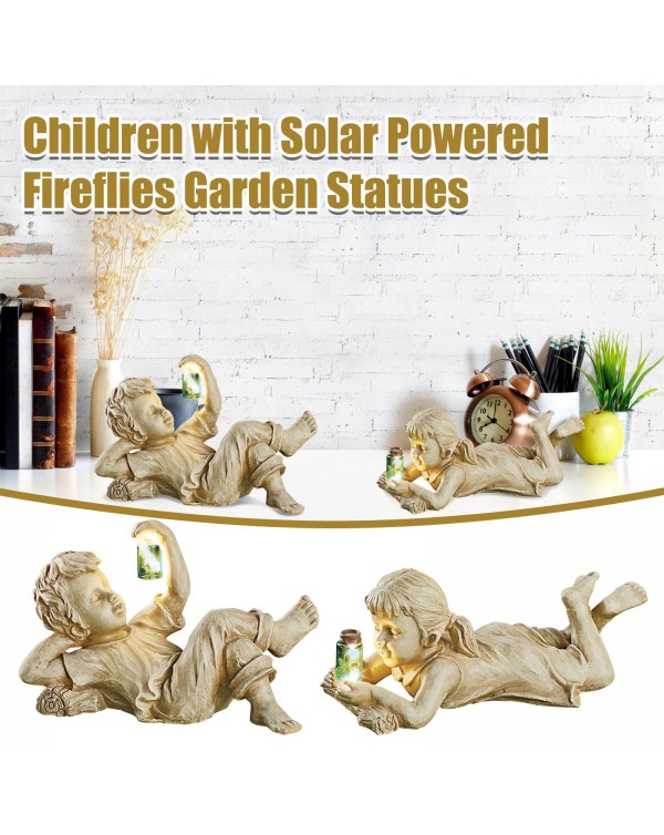 Yard Children With Solar Powered Firefiles Garden Statues Garden Child Statue Creative Outdoor Decoration Garden Statue