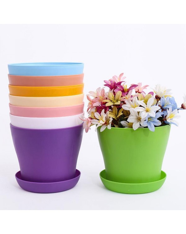 1pc Flower Pot Colorful Durable Resin Plant Flower Pot Gloss Planter Home Garden Decoration with a Saucer Tray Drainage Holes