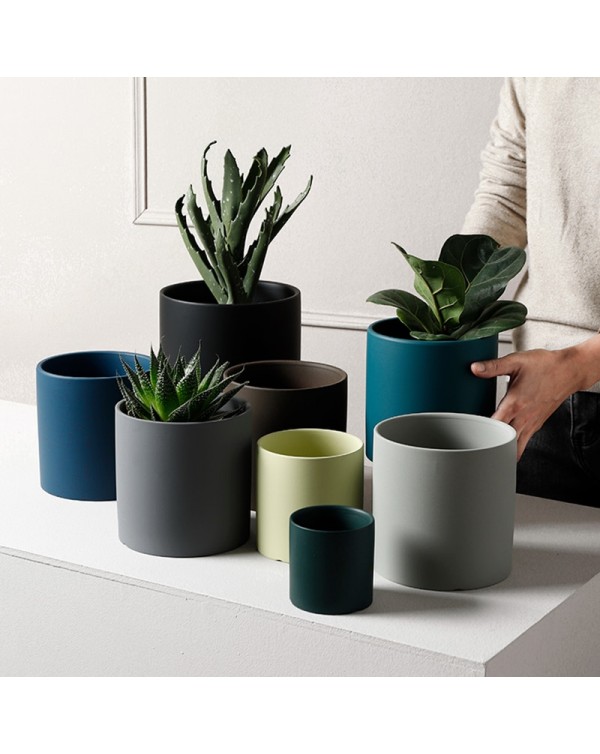Nordic Industrial Style Colorful Ceramic Flowerpot Succulent Planter Green Plants Cylindrical Shape Flower Pot With Hole Tray