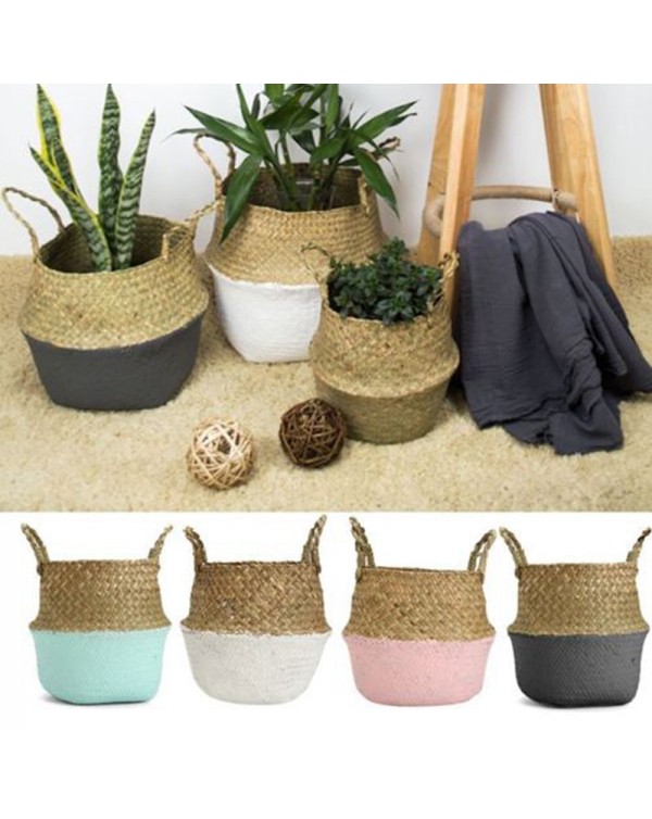 New Bamboo Storage Baskets Foldable Laundry Straw Patchwork Wicker Rattan Seagrass Belly Garden Flower Pot Planter Basket
