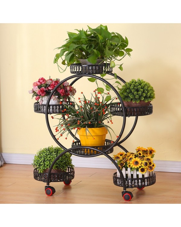 Flower stand wrought iron multi-layer wheeled flower pot stand living room balcony floor type movable room built-in shelf