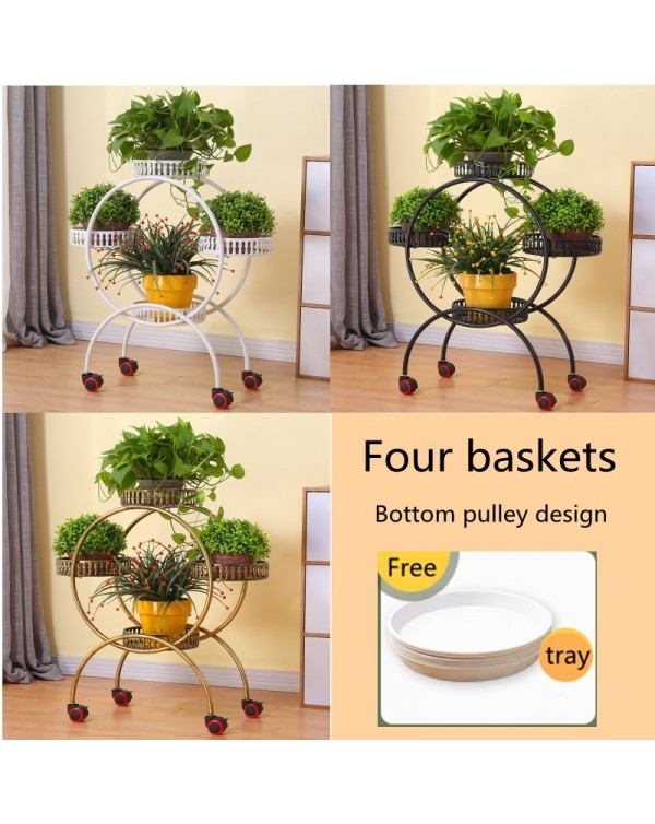 Flower stand wrought iron multi-layer wheeled flower pot stand living room balcony floor type movable room built-in shelf