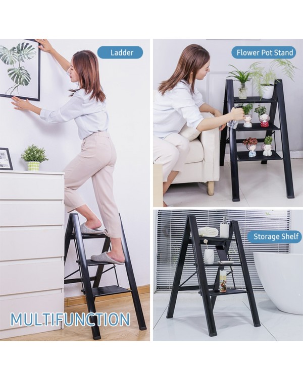3 Step Folding Step Stool with Anti-slip Wide Pedal 330lbs Aluminum Alloy Multifunction Step Ladder Storage Shelf Flower Stand