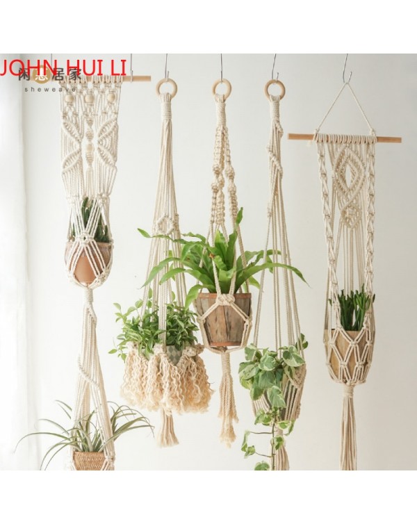 Home Nordic Plant Hanging Basket Tapestry Hand-woven Bohemian Net Flower Pot Balcony Decoration Wall Hanging Pot Stand